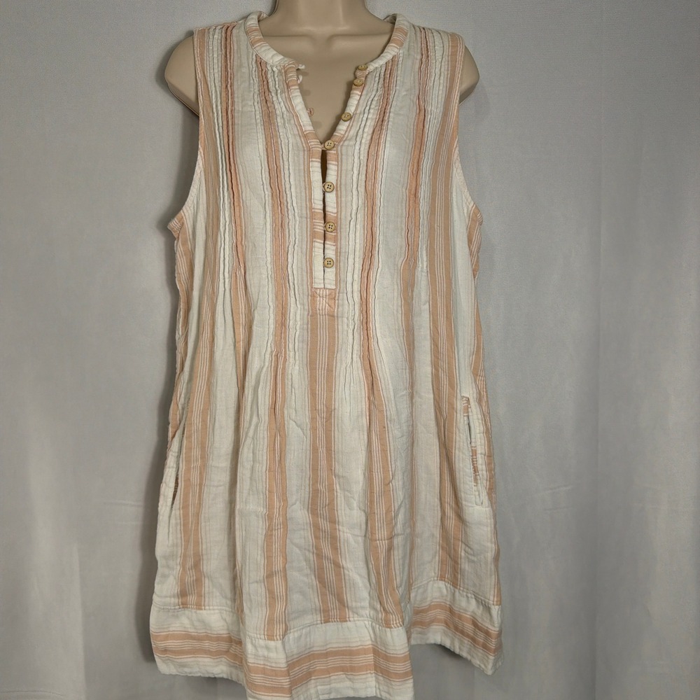 Faherty Tunic Dress Organic Cotton Striped Pintuck Sleeveless Pink White Women L